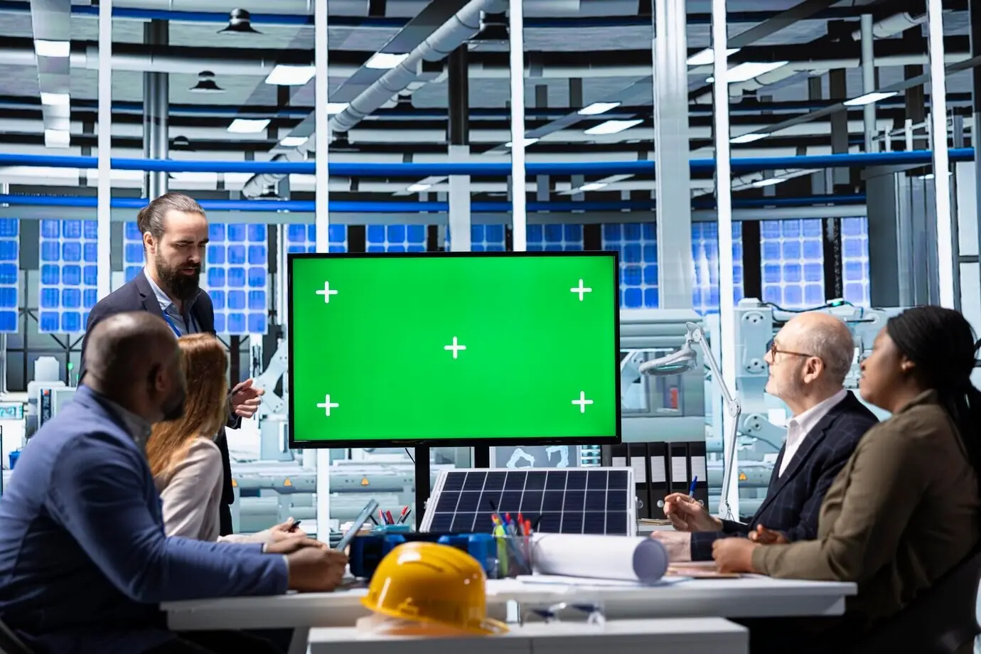 Инвесторы, интересующиеся заводом, анализируют источники дохода на мониторе с зелёным экраном.