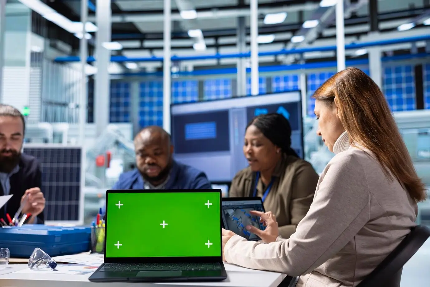 Акционеры на производственном предприятии, проводящие исследования на ноутбуке с хромакеем.