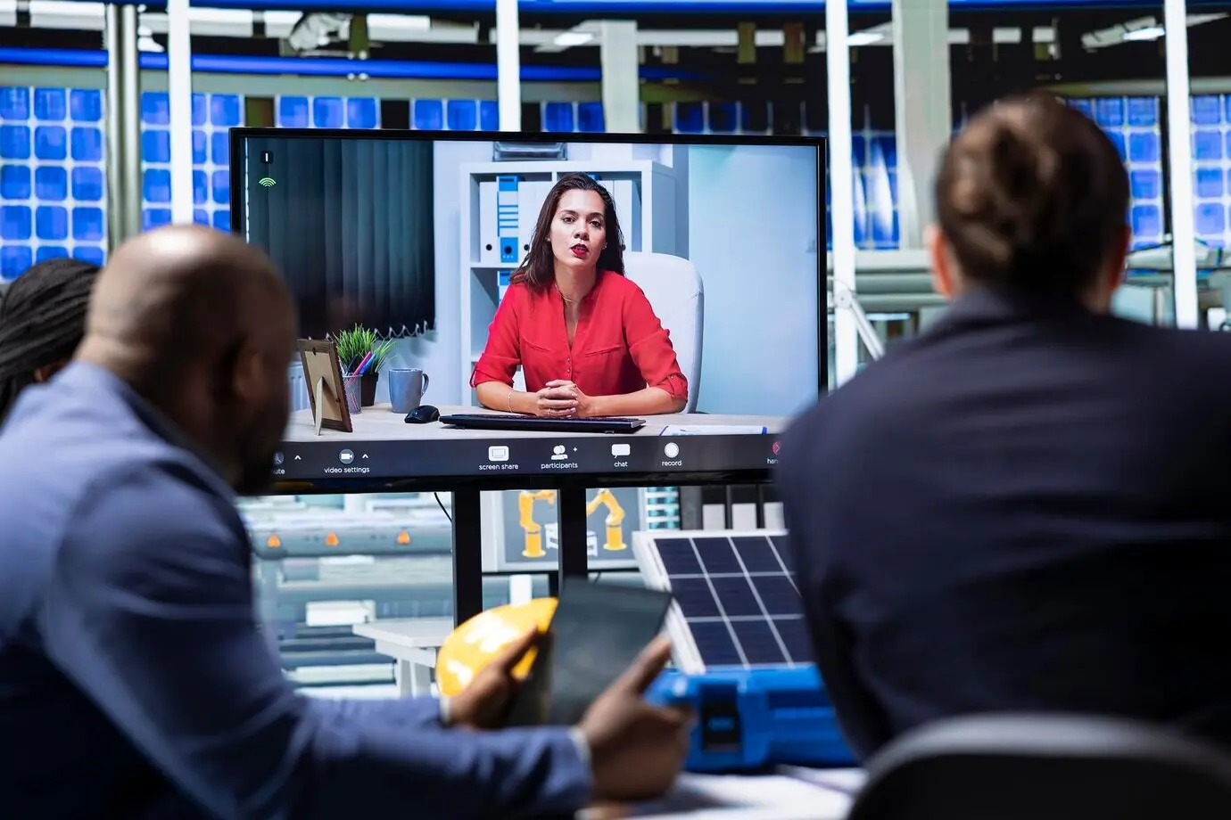 Менеджеры завода представляют продукцию инвесторам во время телеконференции.