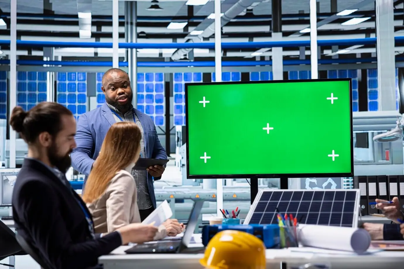 Деловые люди на фотовольтаическом предприятии рассматривают данные об инвестициях на демонстрационном дисплее.