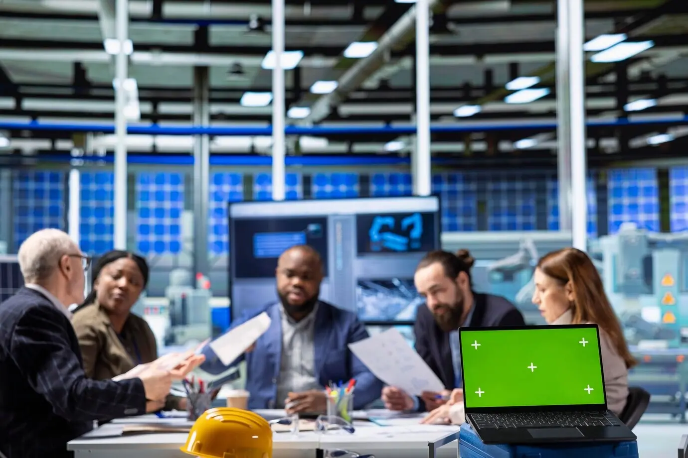 Акционеры завода рассматривают метрики здоровья системы с макетом ноутбука.