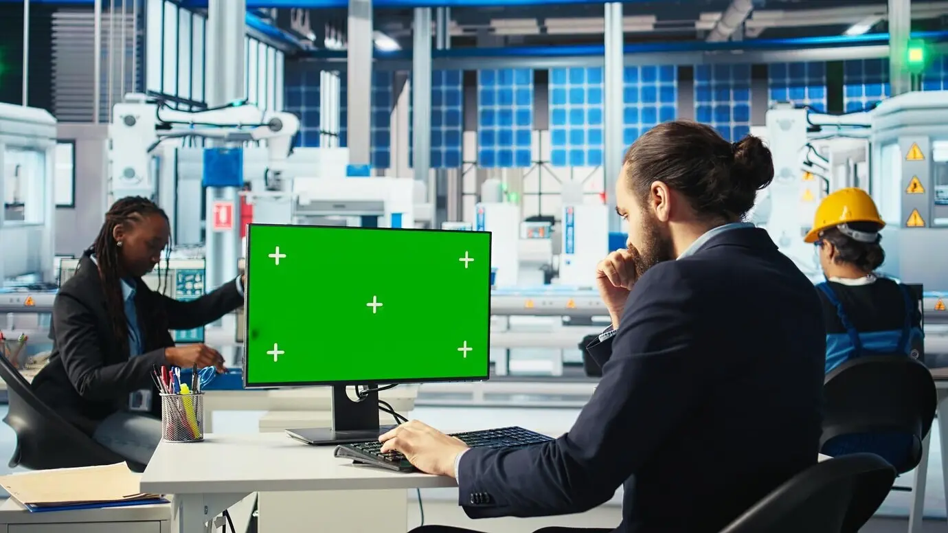 Работник фотовольтаического завода анализирует данные на ПК с зелёным экраном, просматривая показатели.