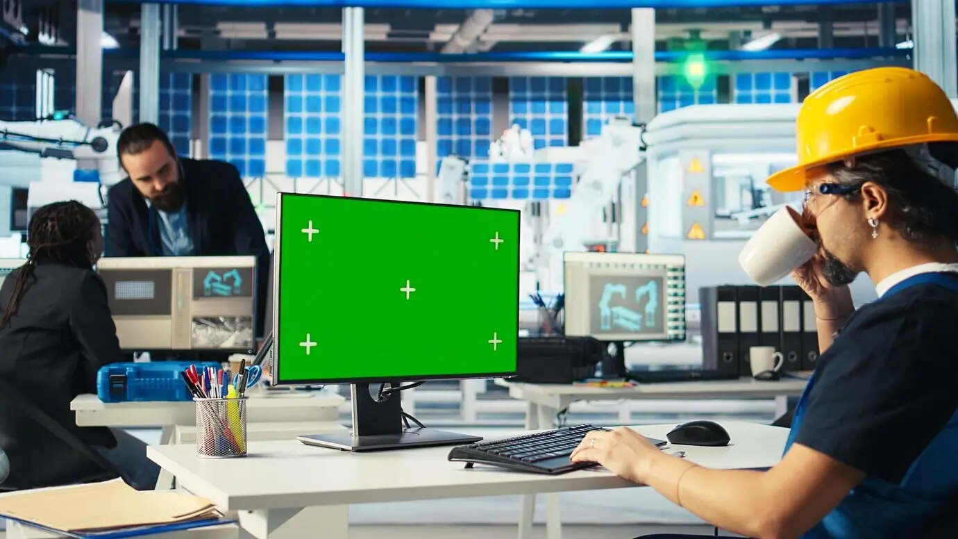 Инженер на заводе по производству солнечных панелей использует САПР на макетном ПК для оптимизации компоновки.